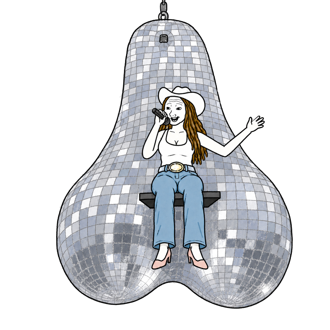 Wojak cowgirl singing while sitting on giant mirrored disco balls